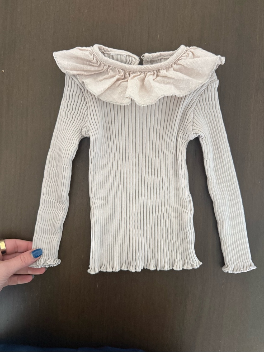 Zara Cream Ribbed Long-Sleeve Top with Ruffle Neck